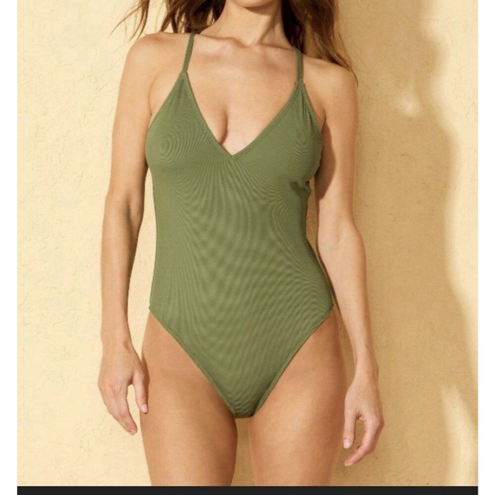 Women’s Ribbed Plunge Neck Cheeky One Piece Swimsuit Green Medium Shade & Shore